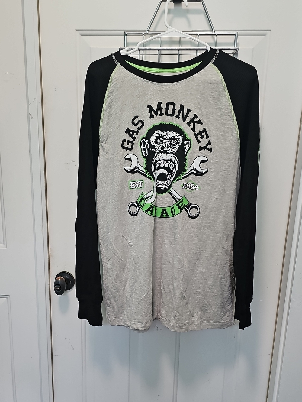 Men's Long Sleeve "Gas Monkey" Shirt - Black & Gray with Green Accent Size L